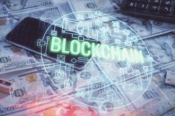 Fototapeta premium Multi exposure of crypto theme drawing over us dollars bill background. Concept of blockchain success.