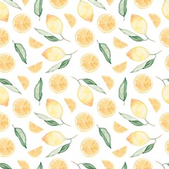 Seamless watercolor pattern with lemons and leaves. Slices of tropical citrus fruit.