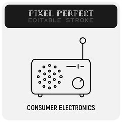 Retro radio with antenna and speaker thin line icon. Symbol of broadcast, podcast. Pixel perfect, editable stroke. Vector illustration.