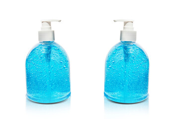 Hand sanitizer gel, covid-19 bottle and mask for corona virus protection.