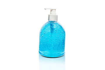 Hand sanitizer gel, covid-19 bottle and mask for corona virus protection.