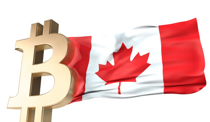 Gold bitcoin cryptocurrency with a waving Canada flag. 3D Rendering