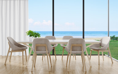 Dining table and chairs on wooden floor of large dining room with curtains in modern house or luxury hotel. Minimal home interior 3d rendering with sky and sea view.