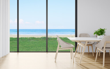 Fototapeta na wymiar Dining table and chairs on wooden floor of large dining room with curtains in modern house or luxury hotel. Minimal home interior 3d rendering with sky and sea view.