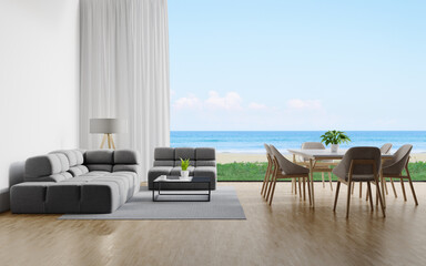 Sofa on wooden floor of large living room and dining table with curtains in modern house or luxury hotel. Minimal home interior 3d rendering with sky and sea view.