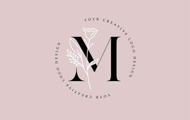 Elegant Vector Flower M Letter Design Logo with Floral Leaf Plant Idea for Cosmetic Beauty Personal Branding Logo