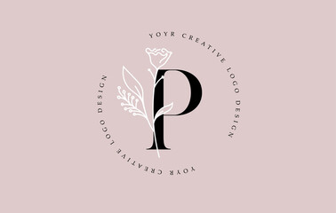 Elegant Vector Flower P Letter Design Logo with Floral Leaf Plant Idea for Cosmetic Beauty Personal Branding Logo