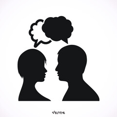 Conversation between man and woman. Date, quarrel or business meeting. Chat flat vector icons isolated on white. Black silhouette
