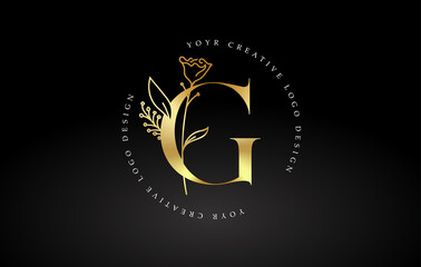 Golden Gold G Letter Design Logo with Floral Leaf Plant Idea for Cosmetic Beauty Personal Branding Logo