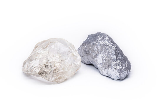 rough diamond and silver ore on isolated white background.