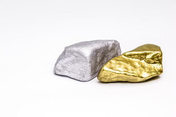 gold stone and silver ore isolated on white background, rare stones