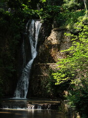 naturalny wodospad na skale wśród zieleni - pionowo