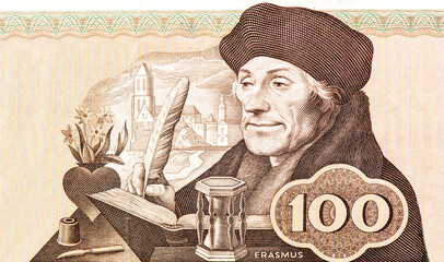 Desiderius Erasmus, Portrait from Netherlands100 Gulden1953 Banknotes. Catholic priest, he was an important figure in classical scholarship who wrote in a pure Latin style. - obrazy, fototapety, plakaty