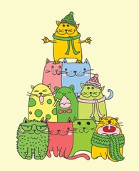 We wish you a Merry Christmas and a happy New Year. Stylish holiday card with cute cats in vector. Bright cartoon background with christmas tree with cats