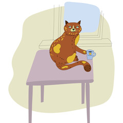 Cute red cat throwing coffee or tea cup off table. Funny cat breaking things vector illustration, cartoon style line art