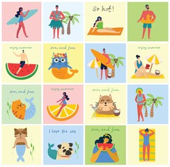 Set of different vector summer people and icons