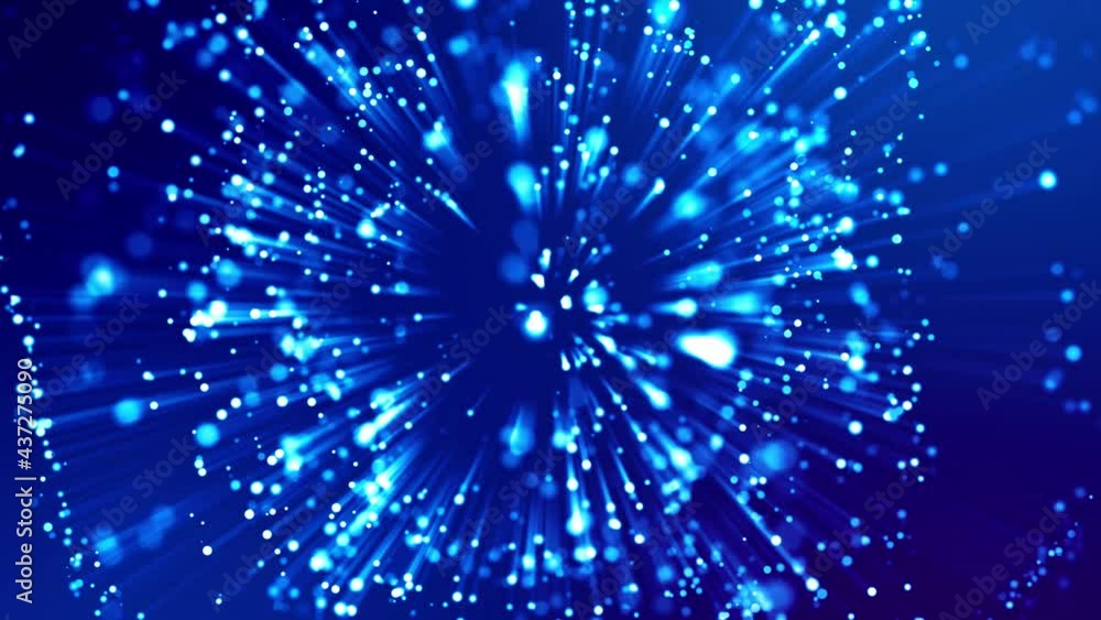 Poster blue shiny sparkling particles with light rays move in a viscous liquid. it is 4k 3d animation as mo