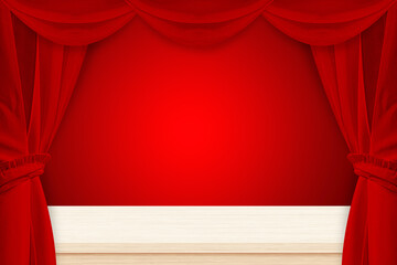 Red curtains with wood table on a red background