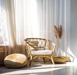 wicker chair in the interior by the window - obrazy, fototapety, plakaty