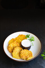 potato pancakes draniki vegetable dish fried potato cutlets fresh wholesome dish on the table healthy food meal snack copy space food background rustic