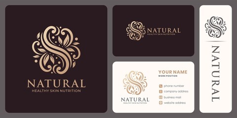 natural leaf logo design with a linear leaf ornament in a circle shape.