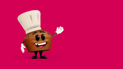 3D rendering of a cute muffin with a toque and waving its hand on vibrant pink background