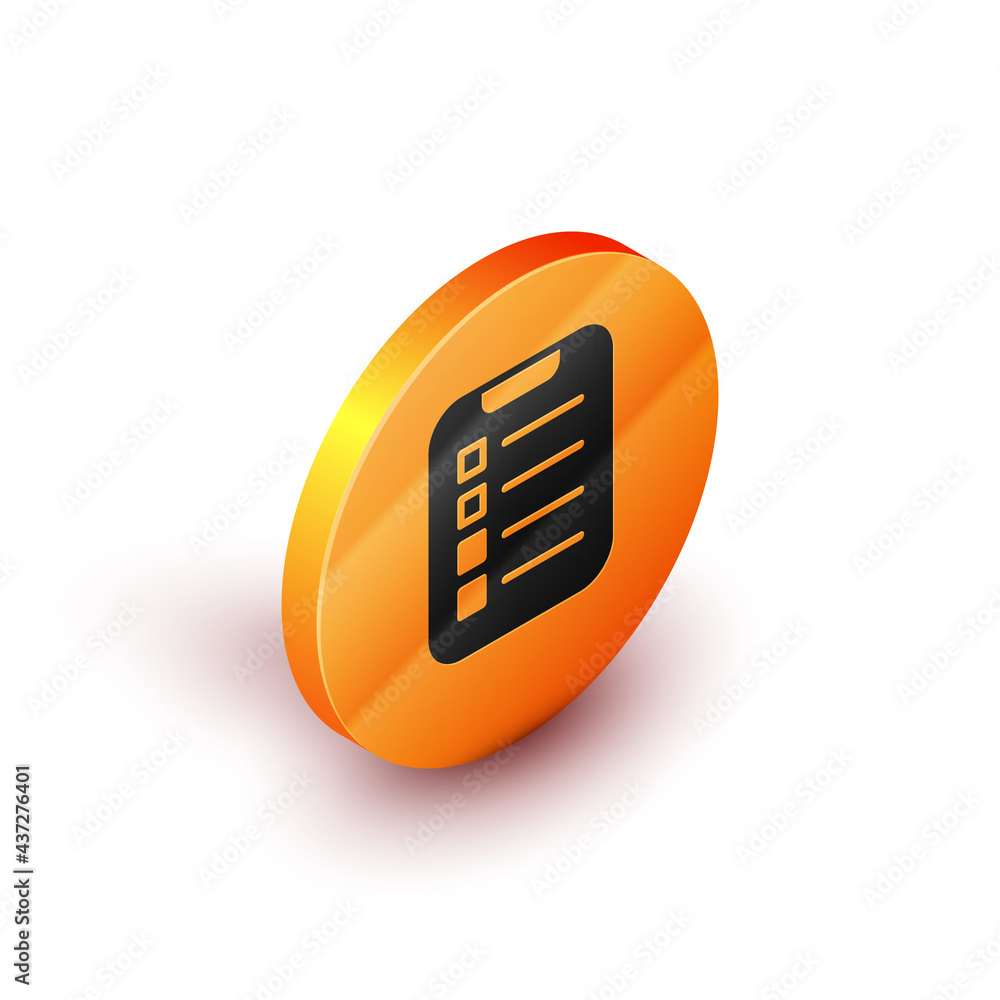 Poster isometric to do list or planning icon isolated on white background. orange circle button. vector