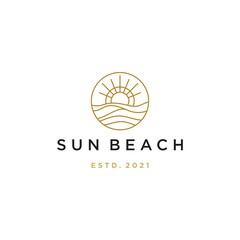 sun sunset sunrise with beach ocean sea water logo icon vector in trendy hipster luxury line art