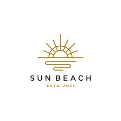 sun sunset sunrise with beach ocean sea water logo icon vector in trendy hipster luxury line art