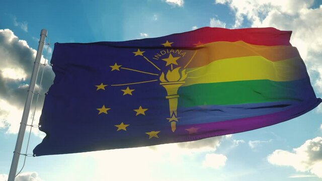 Flag of Indiana and LGBT. Indiana and LGBT Mixed Flag waving in wind