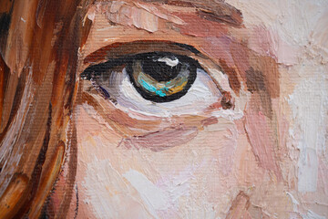 Female blue eye close up. Fragment of art painting. The art is done in a realistic manner.