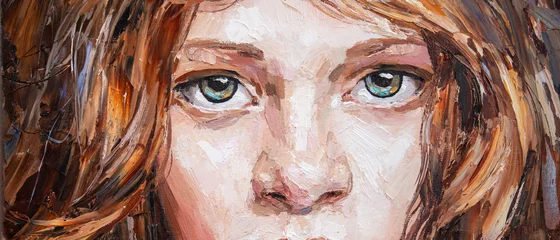 Fotobehang Close-up portrait of a red-haired girl. A woman with a large head of curly hair. Oil painting on canvas. © Zhanna