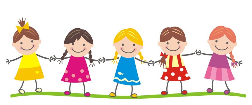 Five girls hold hands, cute vector illustration