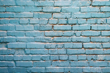 Turquoise, blue brick wall. Background with a brickwork texture. The walls of street houses. Loft style.