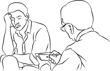 A patient or person talking to a Doctor or Physiologist and examine and write a prescription. Doodle style line art drawing  