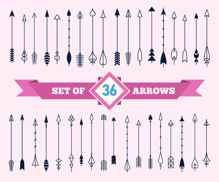 Arrows in flat vintage decorative style for decoration. Large vector set of 36 different stylized arrows isolated on colored background