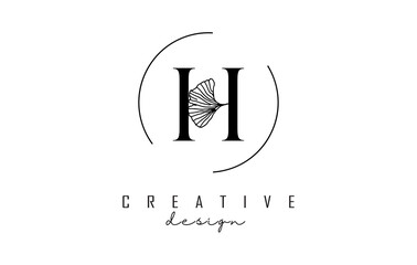 Letter H logo design with uppercase, leaf detail and circle frame. Vector Illustration with Botanical elements.