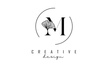 Letter M logo design with uppercase, leaf detail and circle frame. Vector Illustration with Botanical elements.