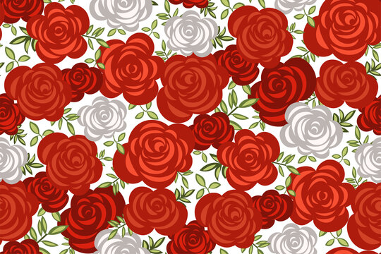 Beautiful seamless floral pattern in abstract rose flowers. Rich red and white roses, leaves on a white background. Elegant template for fashion prints, fabrics, invitations, covers...  Vector 
