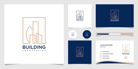 Building logo design in line art. logo design and business card set