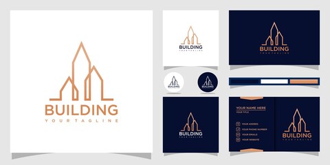Building logo design in line art. logo design and business card set