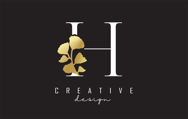 Creative white H Letter logo design with golden leaves. Vector Illustration with with Botanical elements. Nature vector template design concept with H letter.