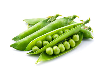 Fresh green peas on white backgrounds.