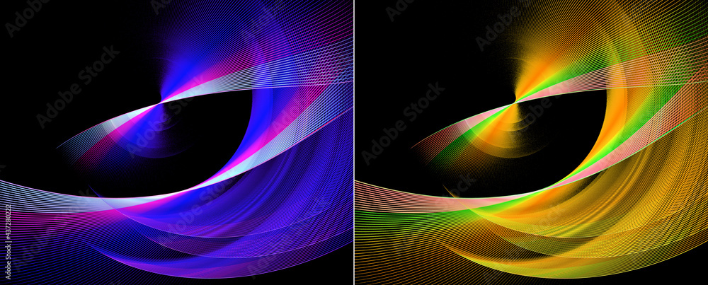 Poster flat striped colored planes are curved in an arc and are located diagonally against a black backgrou