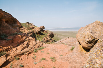 Sandstone of Mount Bogdo in the steppe in the Astrakhan region (Caspian lowland). Mount Bogdo Is a nature reserve and is protected by the state.