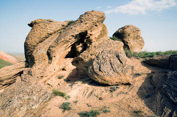 Sandstone of Mount Bogdo in the steppe in the Astrakhan region (Caspian lowland). Mount Bogdo Is a nature reserve and is protected by the state.