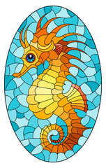 Stained glass illustration with a bright orange cartoon seahorse on a  blue background, oval image