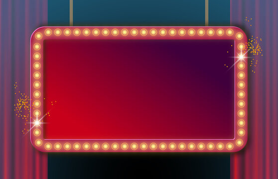 Theater stage. Red curtains stage, theater or opera background with spotlight. Festival night show banner. Rectangular retro frame with glowing lamps. Vector illustration with shining lights