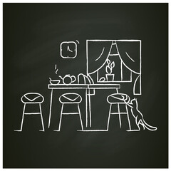 Kitchen interior chalk icon.Morning in kitchen room with teapot on table and cat.Home and domestic household concept.Kitchenware and furniture. Isolated vector illustration on chalkboard
