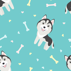 Cute puppy and bones seamless pattern. Vector cartoon flat illustration of husky dog. Baby pattern with funny pet. © Iv85